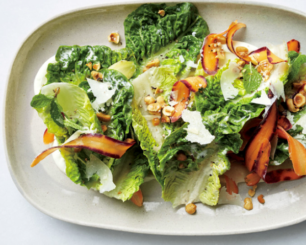 Little gem salad with lemon cream and hazelnuts