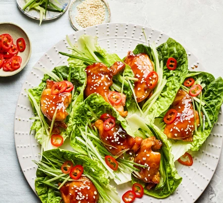 Little Gem wraps with sticky honey hoisin chicken