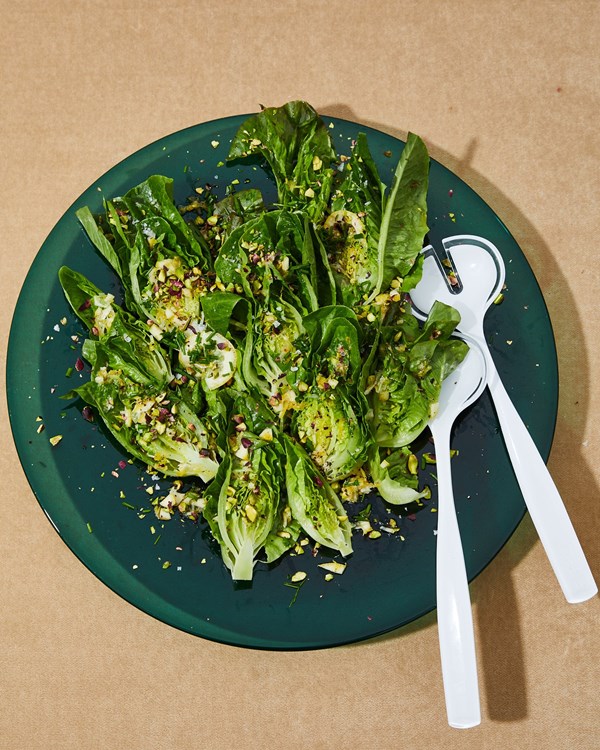 Little gems with garlicky lemon and pistachio