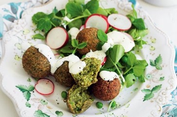Little pea felafel with radish & pea shoot salad