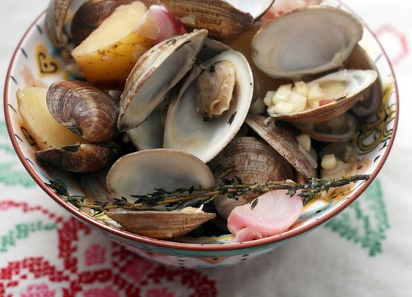 Littleneck clams with bacon, radishes, potatoes and corn