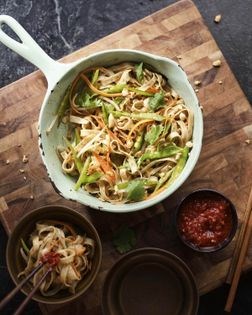 Lo mein with snow peas and peanut sauce