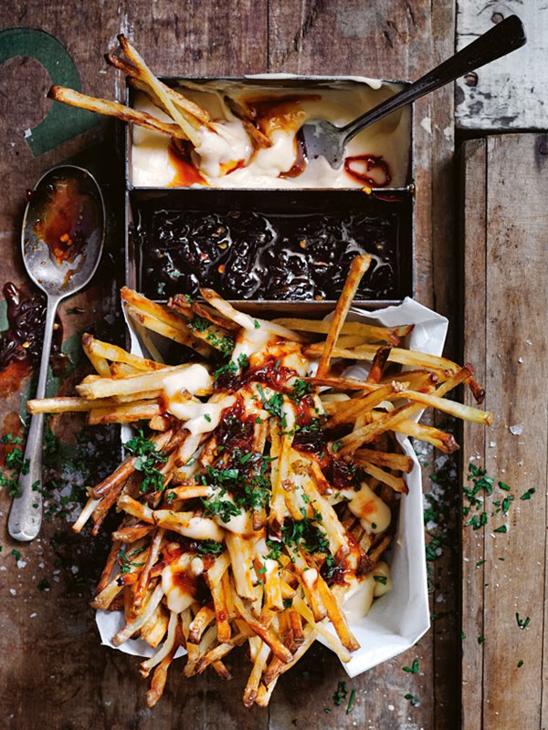 Loaded fries with cheese and beer sauce