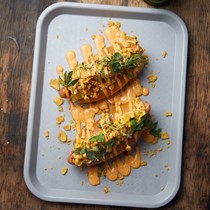Loaded hot dogs with chipotle mayo