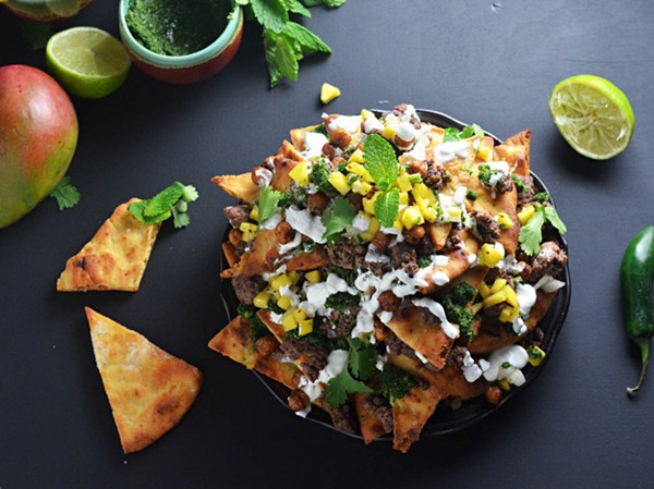 Loaded naan nachos with ground lamb and crispy chickpeas