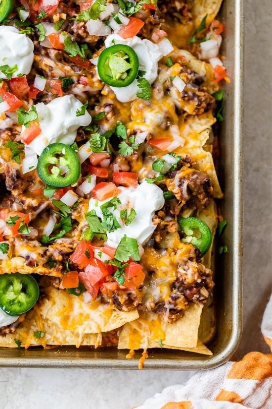 Loaded nachos with turkey, beans and cheese
