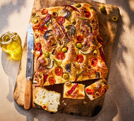 Loaded olive, tomato and pepper focaccia