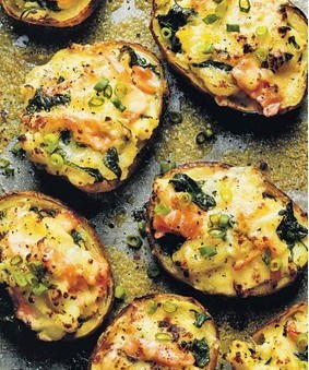 Loaded potato skins with cheddar, spinach & smoked salmon