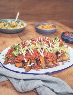 Loaded sweet potato wedges with all the plant thrills