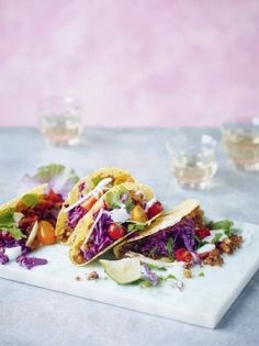 Loaded tacos, walnut mince & apple wasabi slaw