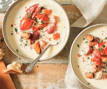 Lobster + mussel chowder with baby red potatoes 