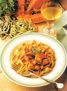 Lobster and parsley noodles with scallop and mussel sauce