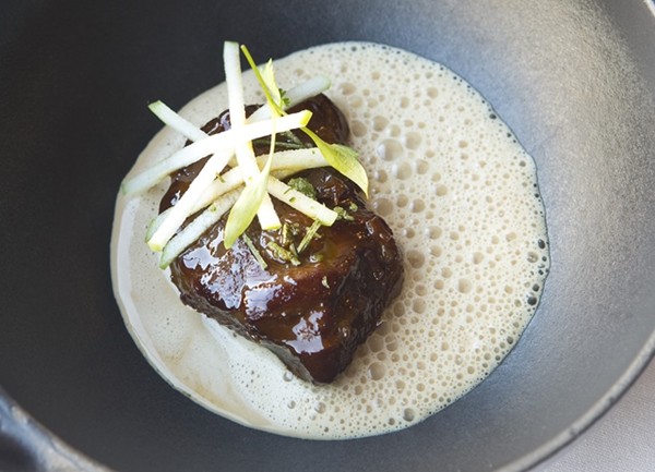 Lobster bisque, braised pork cheek and apple