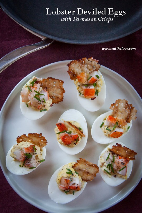 Lobster deviled eggs with Parmesan crisp
