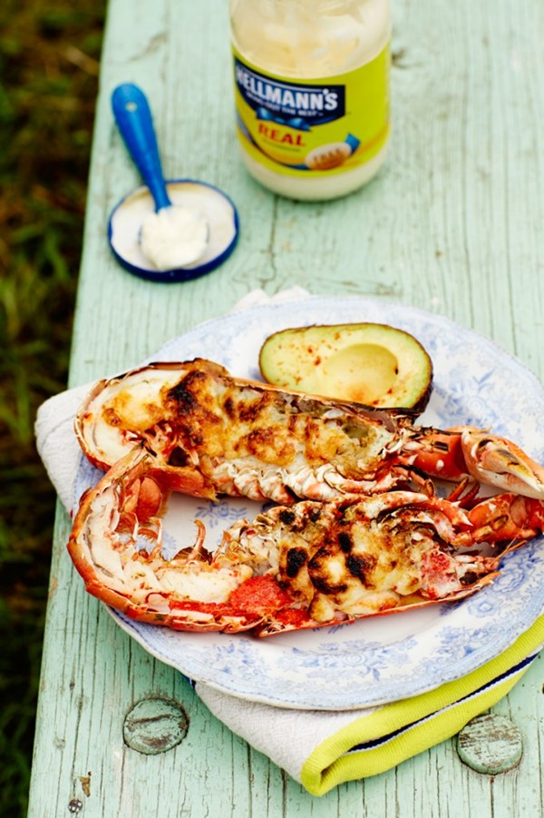 Lobster halves with mustard topping