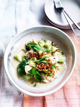 Lobster poached in ginger-coconut milk with melon