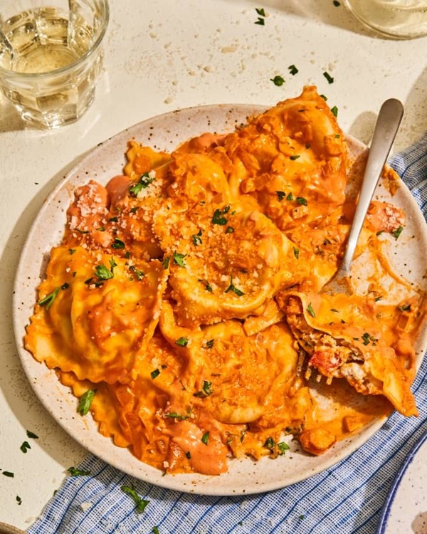 Lobster ravioli with tomato cream sauce