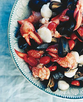 Lobster, scallops, and mussels with tomato garlic vinaigrette