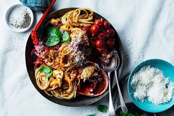 Lobster spaghetti with blistered tomato and basil