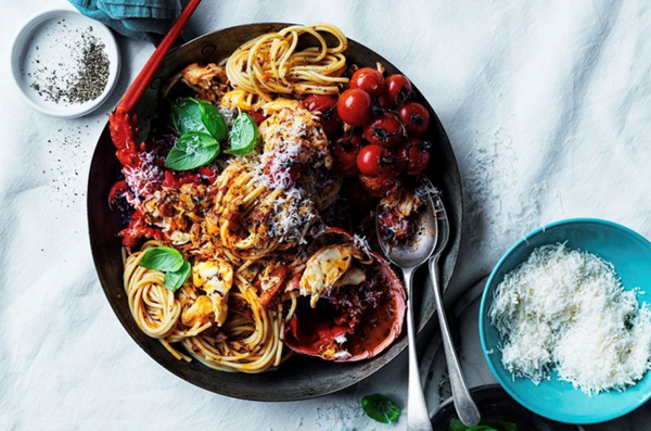 Lobster spaghetti with blistered tomato and basil