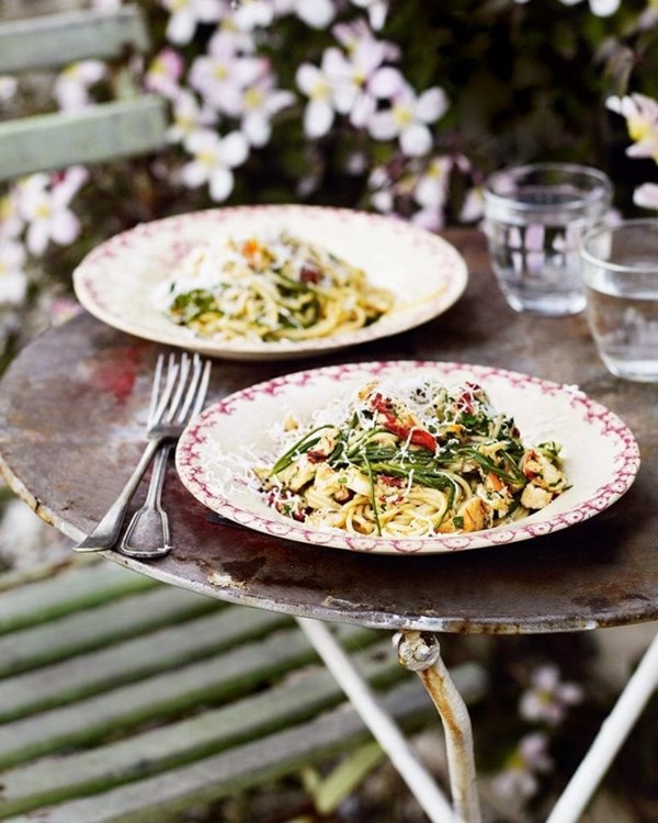 Lobster spaghetti with samphire and sheep's cheese