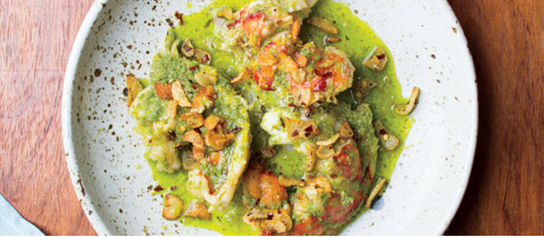 Lobster tails poached in basil-cilantro oil with garlic