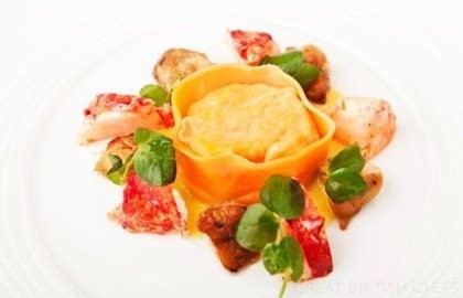 Lobster tortelloni, roast chicken wings and sweetcorn purée