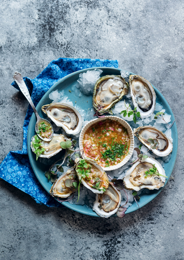 Local oysters with sherry vinegar, shallot & ginger vinaigrette