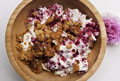 Loganberry cream with flapjack