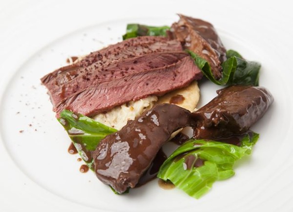 Loin of hare, creamed celeriac tart, haunch braised in chocolate beer