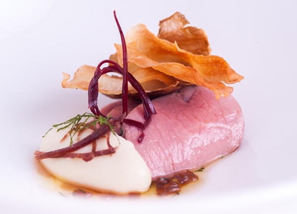 Loin of Herdwick mutton with honey and mint dressing and Jerusalem artichoke purée