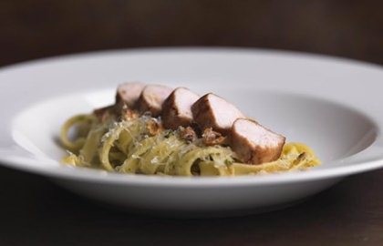 Loin of rabbit with fettuccine, prosciutto and roasted hazelnuts