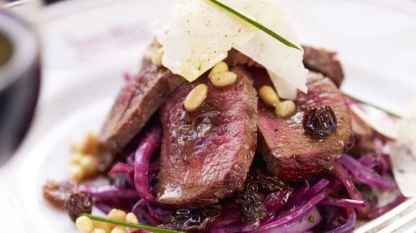 Loin of venison with red cabbage, pinenuts and sultanas