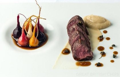 Loin of venison with soy glazed baby beets and roasted turnip purée