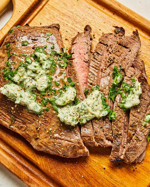 London broil with garlicky herb butter