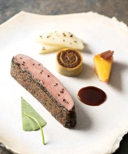 Long Island crescent duck breast with black trumpet marmalade, confit fleischschnacka, and Banyuls jus