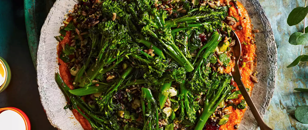 Long-stemmed broccoli, grain tabbouleh and romesco sauce