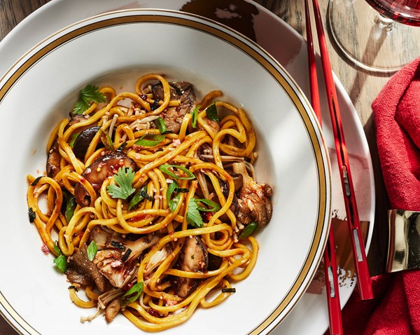 Longevity noodles with oyster, shiitake, and enoki mushrooms