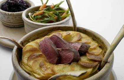 Lonk lamb Lancashire hotpot, roast loin, pickled red cabbage, tangled carrots and leeks