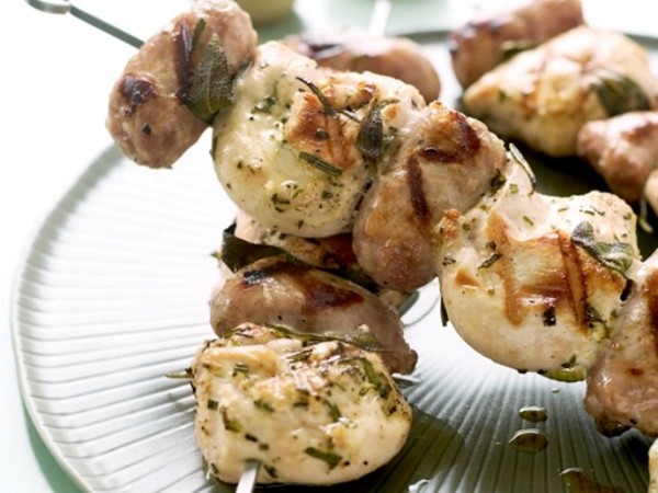 Lorraine Wallace's skewers of sage chicken with sweet Italian sausage (Cook the Book)