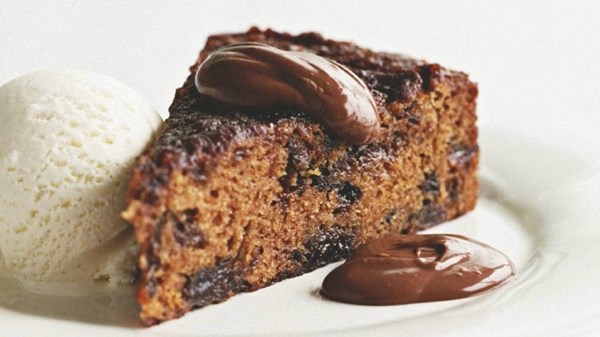 Louise Hart's prune cake with rum and chocolate sauce