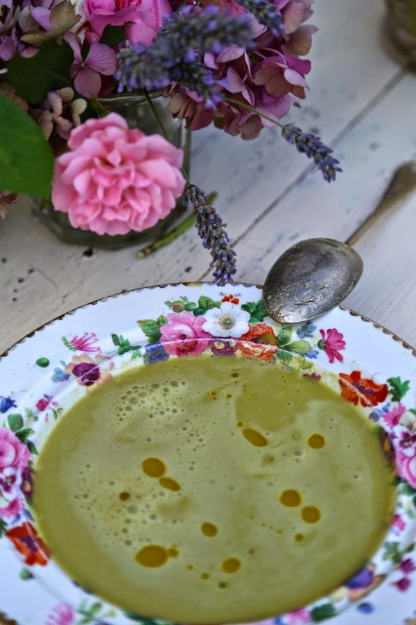 Lovage and sorrel soup with hay smoked oil