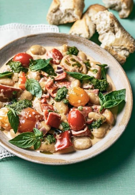 Love at first bite cannellini beans with dollops of pesto