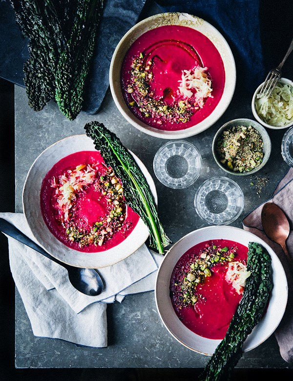 Love soup with pistachio dukkah