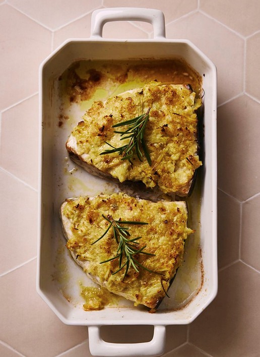 Low & slow swordfish steak with smashed artichoke lemon pesto crust [Andrew Wilkinson]