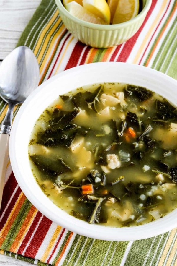 Low-carb chicken soup with collards, and lemon