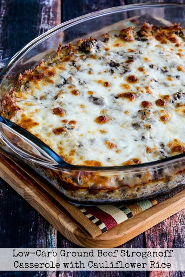 Low-carb ground beef Stroganoff casserole with cauliflower rice