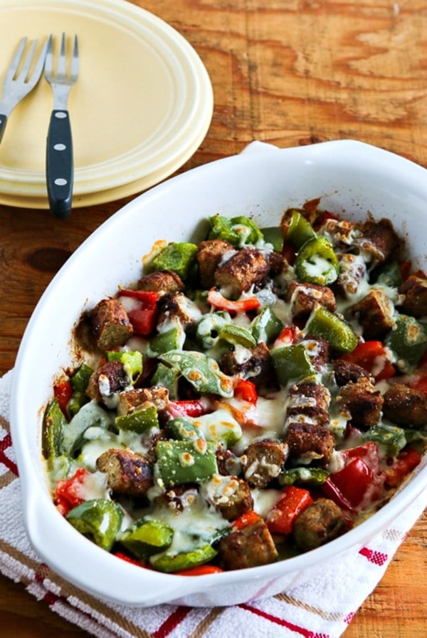 Low carb no egg breakfast bake with turkey breakfast sausage and peppers
