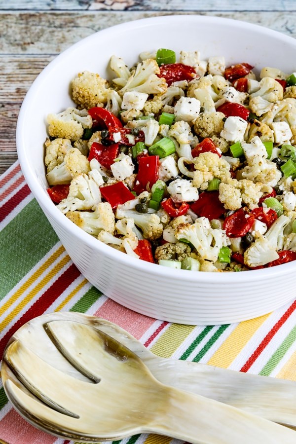 Low carb roasted cauliflower salad with feta, capers, and red pepper