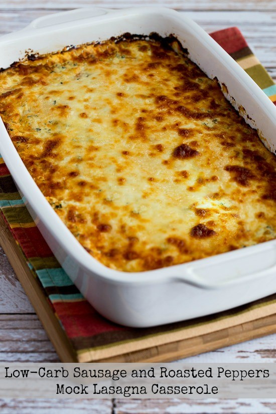 Low-carb sausage and roasted peppers mock lasagna casserole